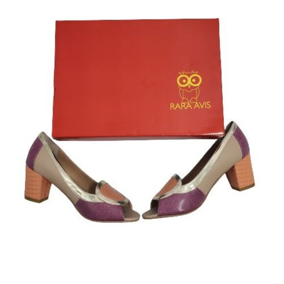 Rara Avis Women's Tan Purple Orange Block Heel Peep Toe Pumps Size 7 M - Picture 2 of 11